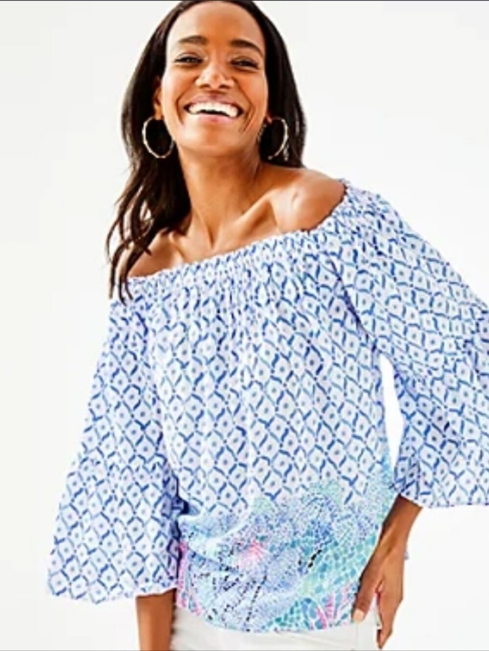 Lilly Pulitzer Blue & White Off-Shoulder Printed Blouse
